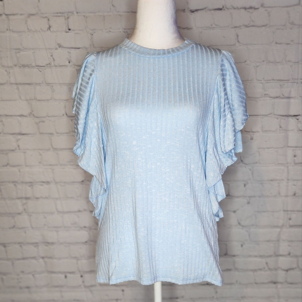 SKY BLUE DOUBLE RUFFLE SLEEVE TWO TONE TOP